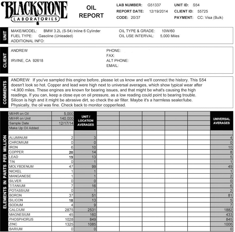 BMW E46 M3 Oil Analysis S54